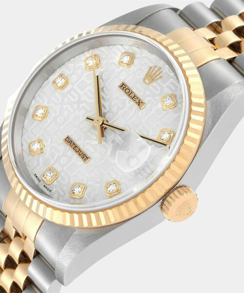 Silver and gold Rolex Datejust 16233 36mm men's watch with diamonds.