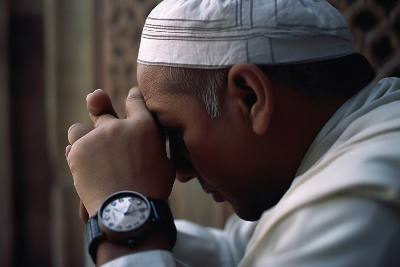 Muslim observing daily prayers using an Islamic prayer watch