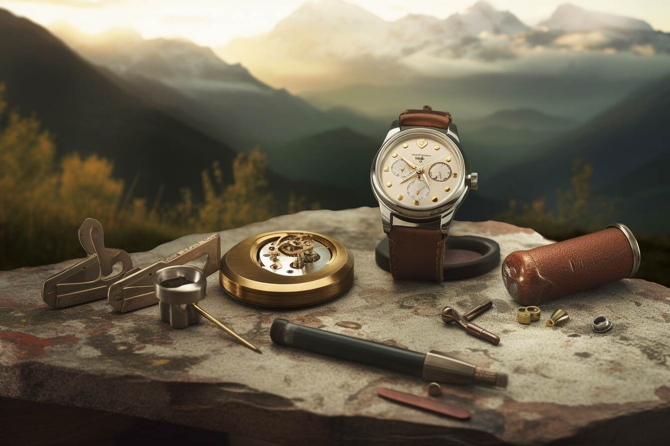 antique Swiss watchmaking tools with rado watch swiss alps