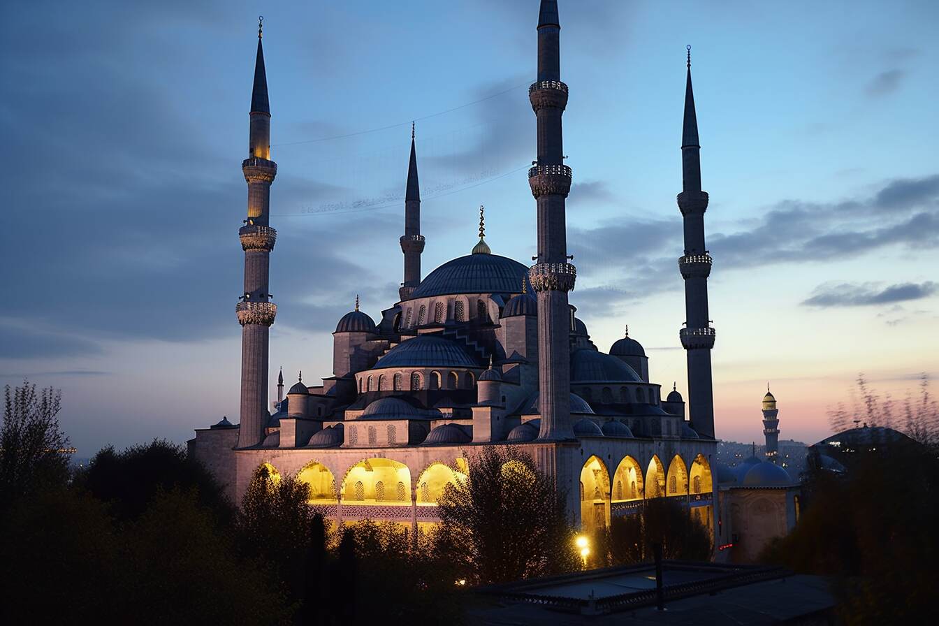 مسجد مضاء بشكل جميل عند الشفق