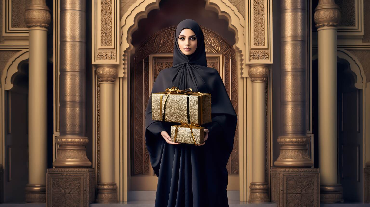 امرأة تقف أمام قصر سعودي فخم راقي