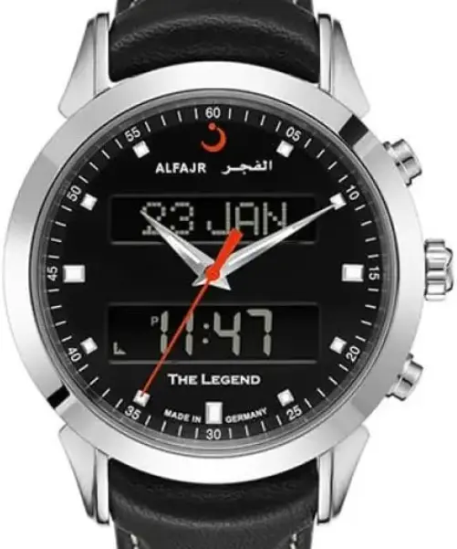 **Al-Fajr Black Leather Analog-Digital Quartz Watch**