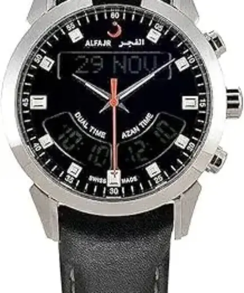 **Title:** Al-Fajr Swiss Automatic Analog-Digital Black Leather Watch