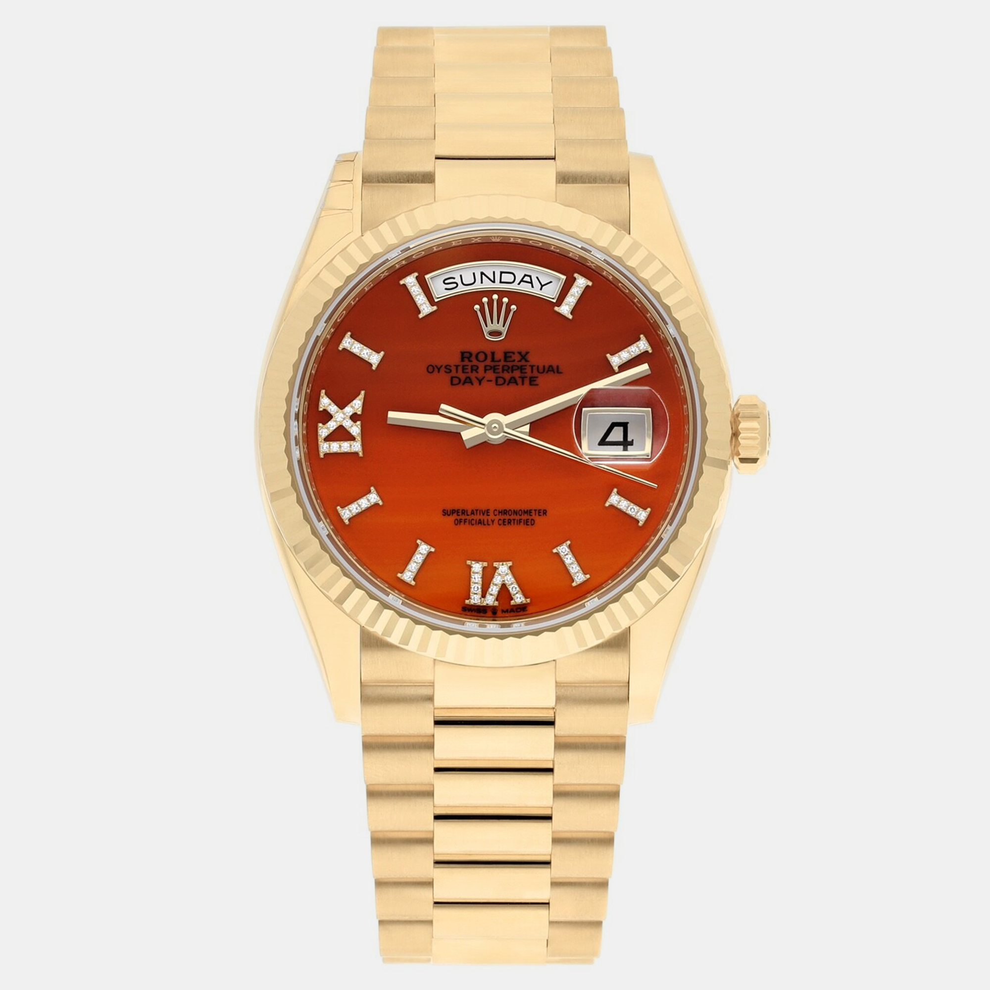 Rolex Day-Date 36 128238 Yellow Gold President Bracelet Orange Dial