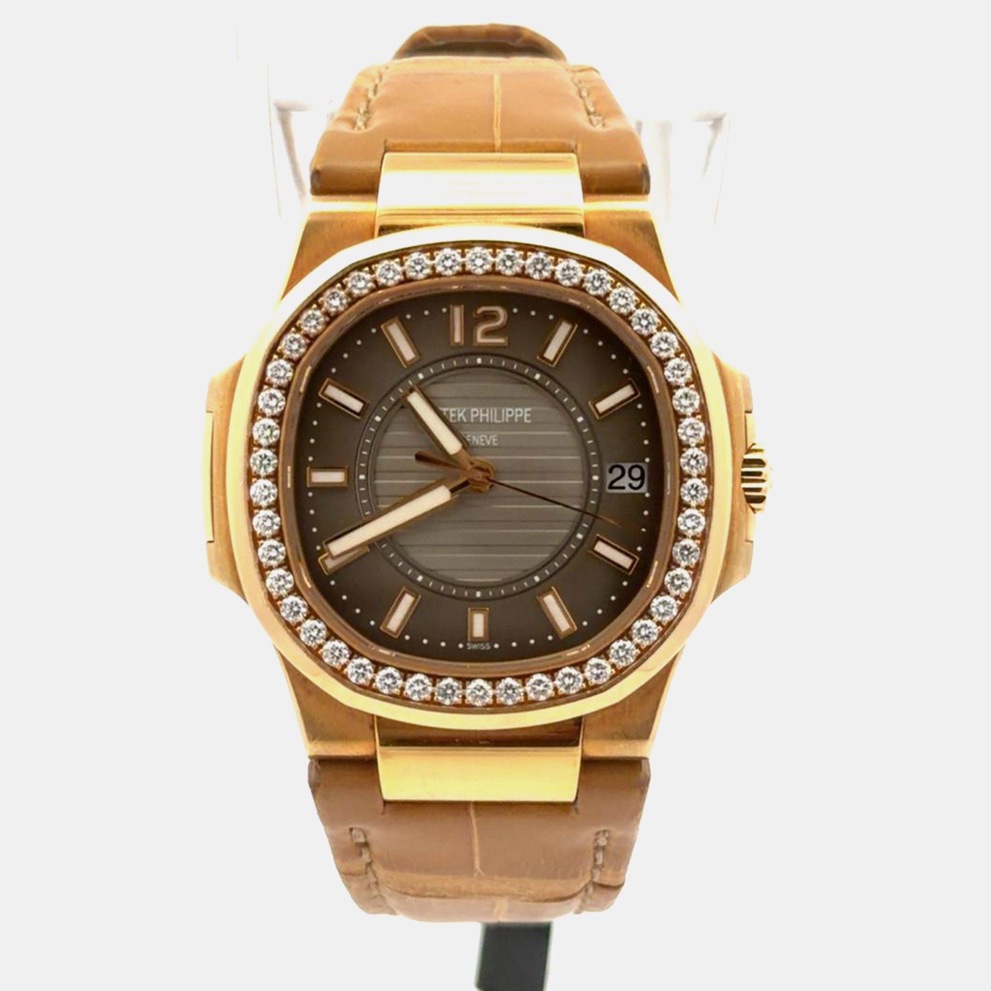 Patek Philippe Nautilus 7010/1R-010 Brown Rose Gold Diamond Quartz Women Wristwatch 32mm
