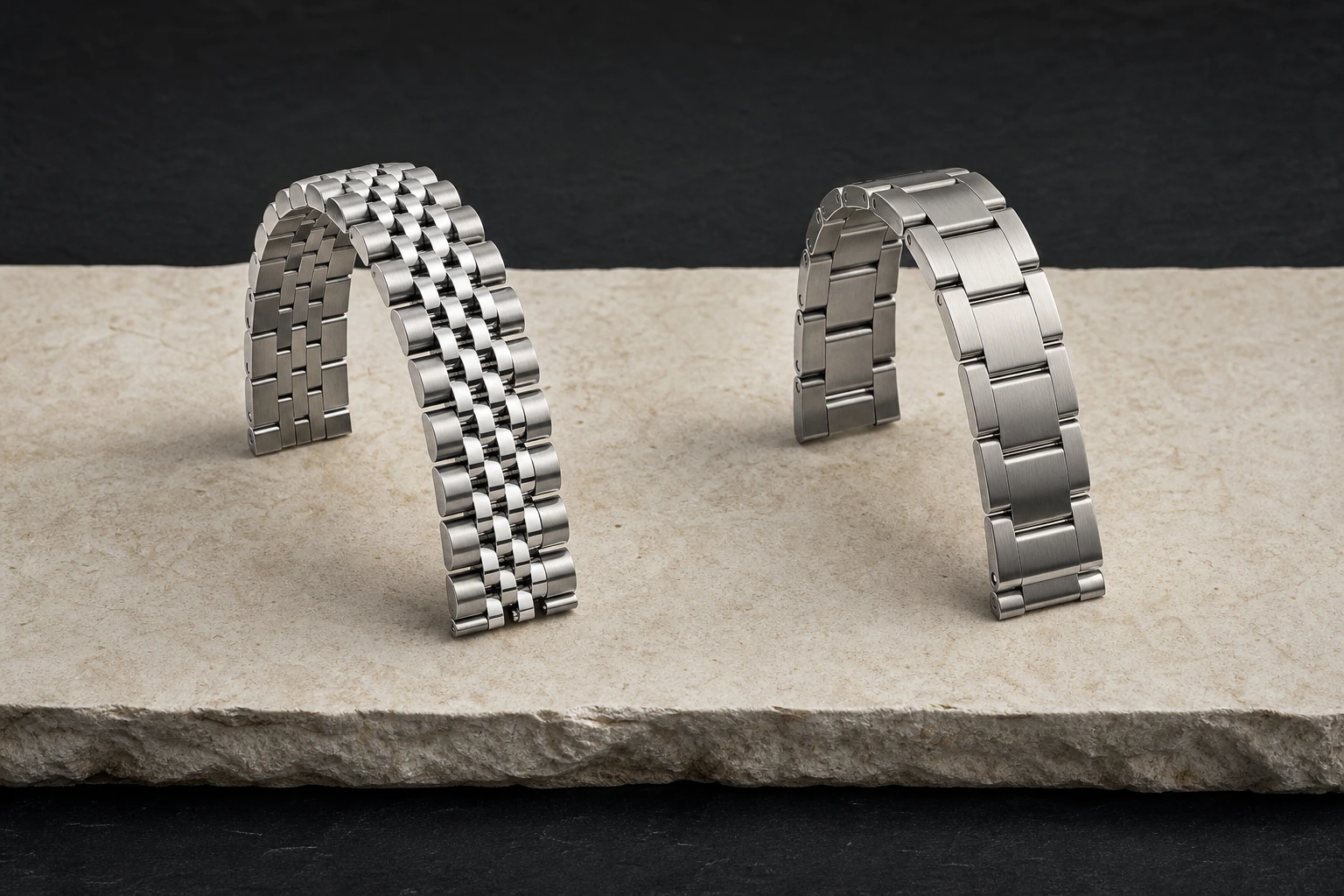 An unbranded five-link and three-link steel bracelet study on ivory stone.