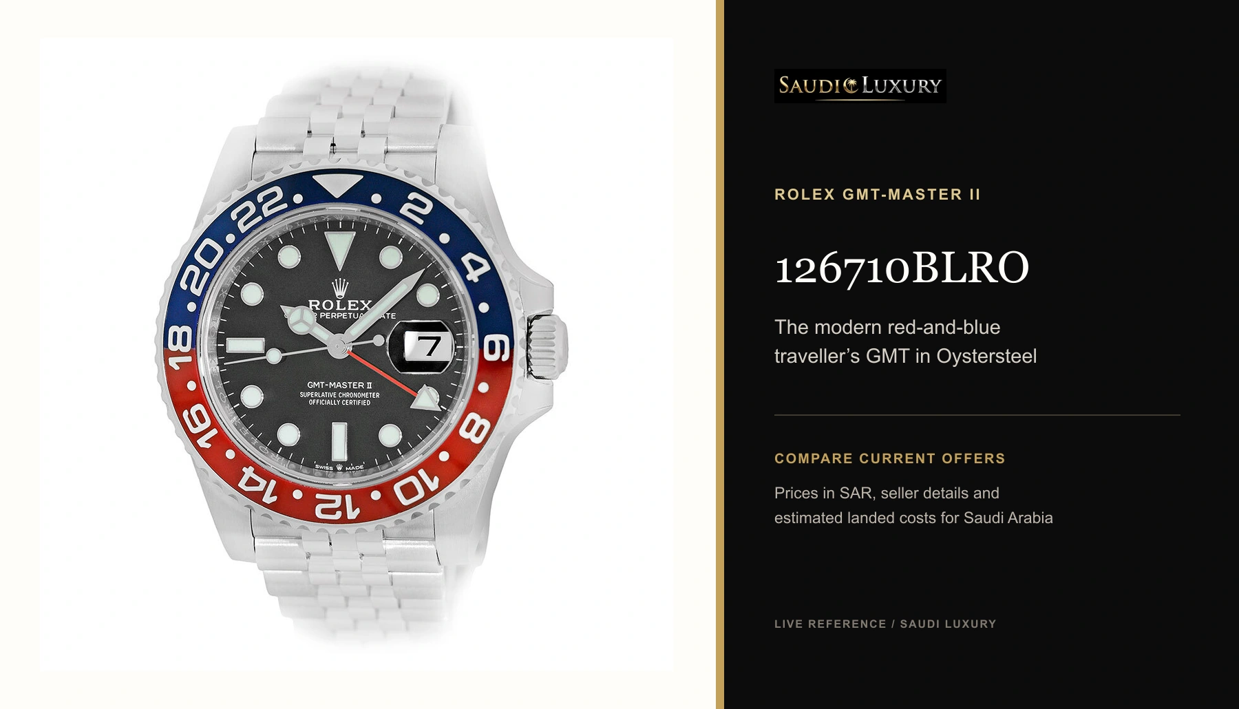 Rolex GMT-Master II 126710BLRO with Jubilee bracelet beside a Saudi Luxury invitation to compare current offers.