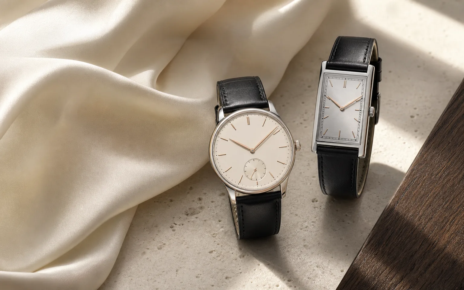Unbranded round small-seconds watch and rectangular dress watch on ivory silk and travertine