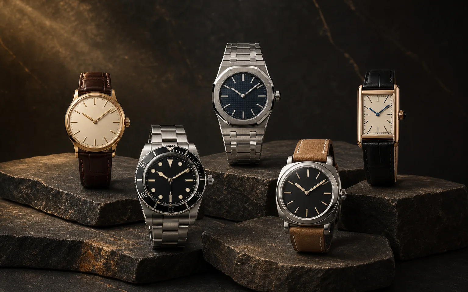 Five unbranded luxury watch archetypes arranged in warm museum light