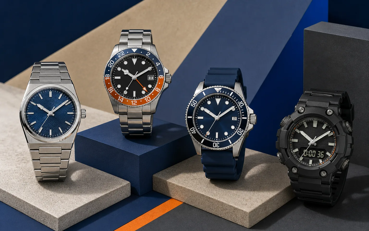 Four unbranded attainable sports watches on a blue and sand geometric editorial set